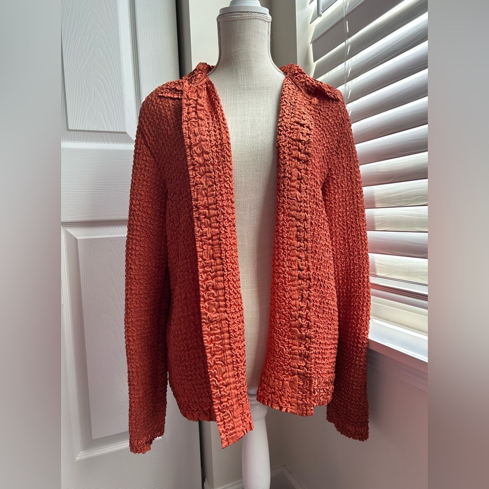 Dress Barn Terracotta Scrunch Textured Collared Button Down Long Sleeve Jacket